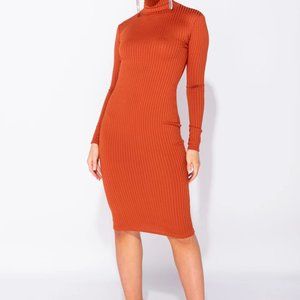 Rust Rib Knit Turtle Neck Long Sleeve Bodycon Midi